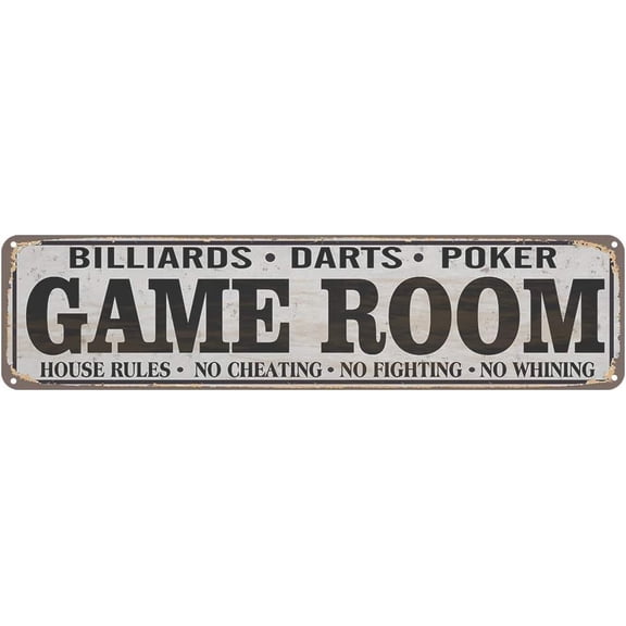 Game Room House Rules Metal Street Sign, Billiards, Poker, Darts, Gaming, Man Cave, Den, Wall Decor 16x4 Inches Vintage Tin Sign