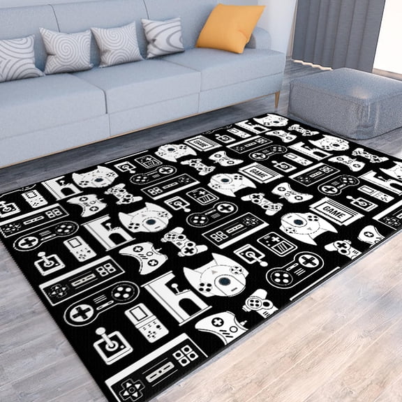 Game Rug Teen Boys Carpet with Game Controller Decoration, 3D Gaming Rugs for Boys Bedroom Living Room Playroom, Non-Slip Gamer Carpet Children Gaming Area Rugs (Black&White, 47" x 31.5")