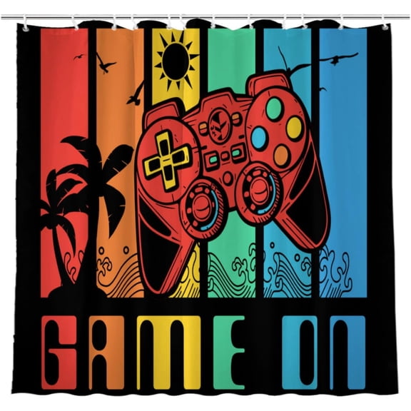 Game On Shower Curtain for Kids Bathroom, Video Game Level Up Gaming Shower Curtain Set Boys Bath Accessories Waterproof Fabric Bathtub Curtain Decor with 12 Hooks, 72x72 inches