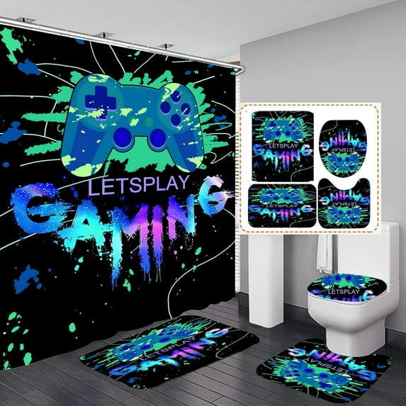 Game Shower Curtain Kids Boys Gaming Bath Curtain with 12 Hooks Modern Gamer Bathroom Decor Teens Gamepad Shower Curtain Set for Stalls Bathtubs 72" Wx72 L Waterproof