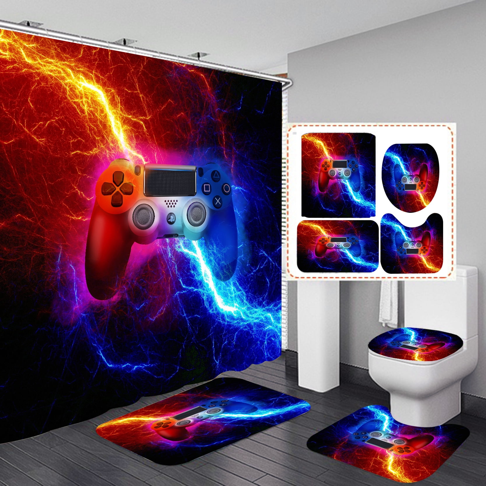 Game Shower Curtain Kids Boys Gaming Bath Curtain with 12 Hooks Modern