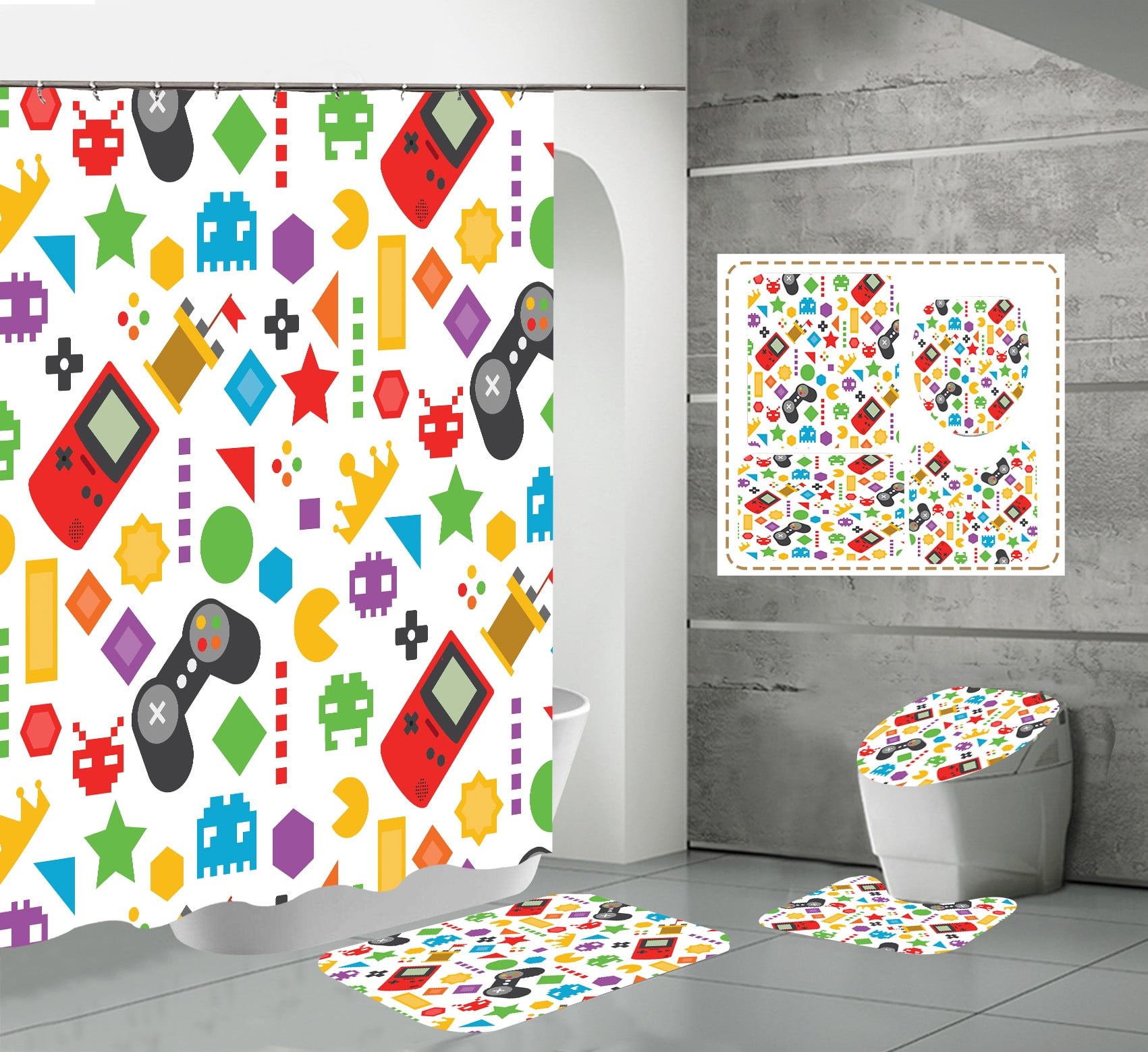 Game Shower Curtain Kids Boys Gaming Bath Curtain with Hooks Modern
