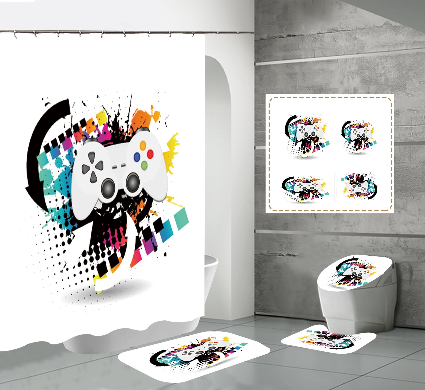 Game Shower Curtain Kids Boys Gaming Bath Curtain with Hooks Modern