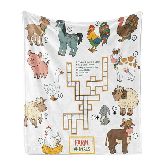 Game Soft Flannel Fleece Throw Blanket, Crossword Educational Puzzle for Children with Different Farm Animals and Numbers, Cozy Plush for Indoor and Outdoor Use, 60" x 80", Multicolor, by Ambesonne