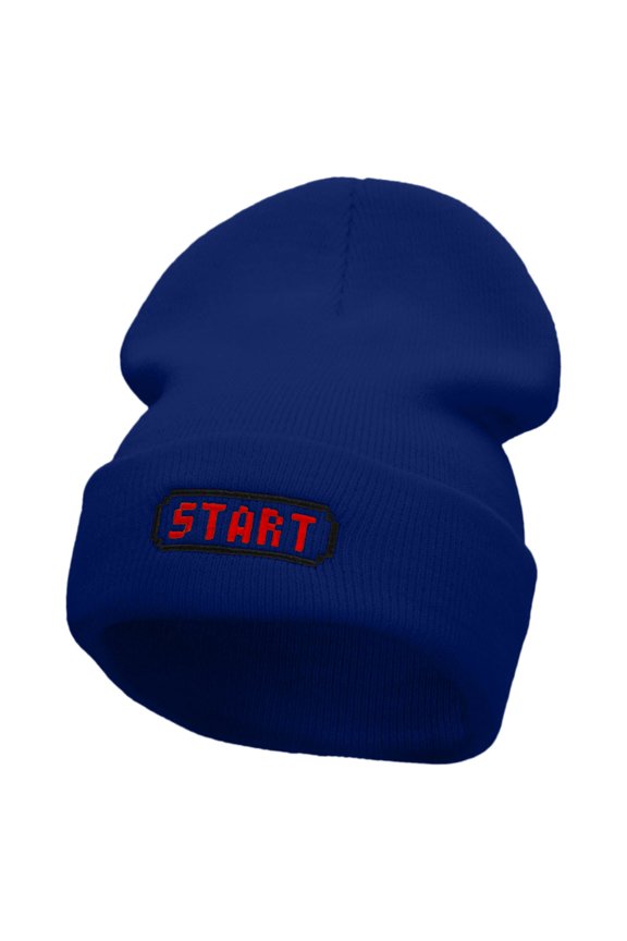 Game Start Button Embroidered 12 Inch Long Knitted Beanie - Royal OSFM