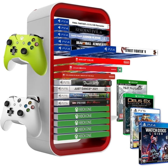 Game Storage Tower Compatible with PS5/ Xbox Series S & X/Switch, Universal Game Ray Disks Organizer, Stores 18 Game, with 4 Controller Holders, Video Game Organizer, Red