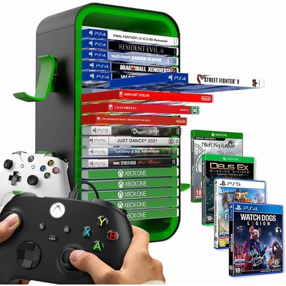 Game Storage Tower Compatible with PS5/ Xbox Series S & X/Switch, Universal Game Ray Disks Organizer, Stores 18 Game, with 4 Controller Holders, Video Game Organizer, Green