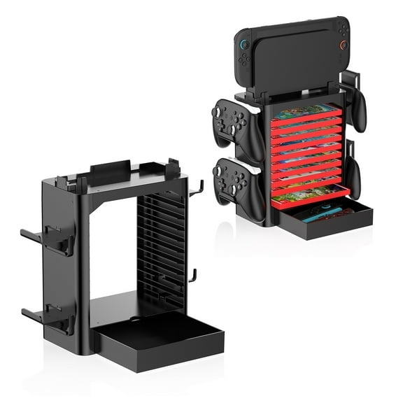 Game Storage Tower for Switch 2 / Switch OLED / Nintendo Switch,Multifunctional Switch Organizer Stand with Dock Holder, 10 Game Case Shelf, Nintendo Switch Accessories for Gamers