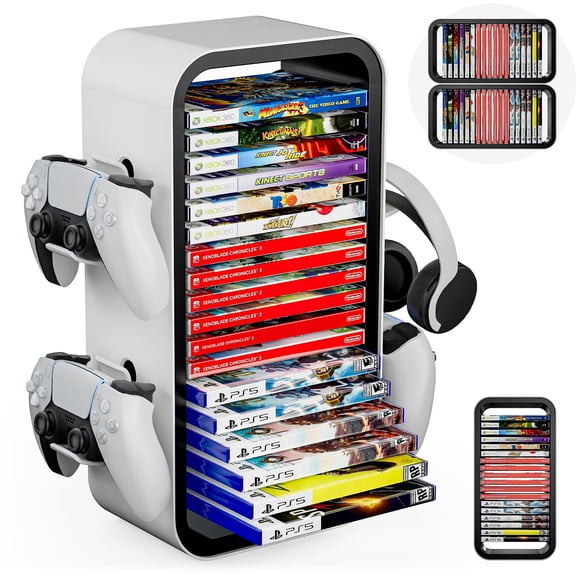 Game Storage Tower with 19 Disc Slots & 4 Controller Holders for PS5/Xbox/Switch