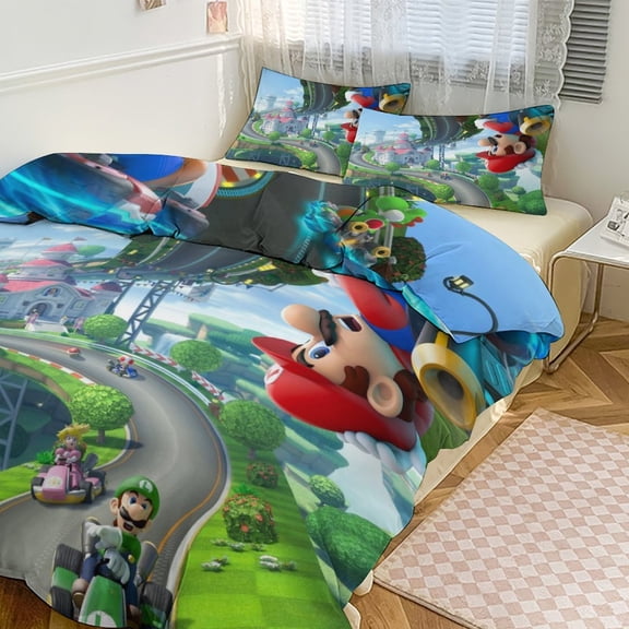Game Super Mario Bros Luigi 3 Pieces Bedding Sets Double Sided Printed Soft Comforter Sets Bedroom Decor Gift With 1 Duvet Cover 2 Pillow Shams