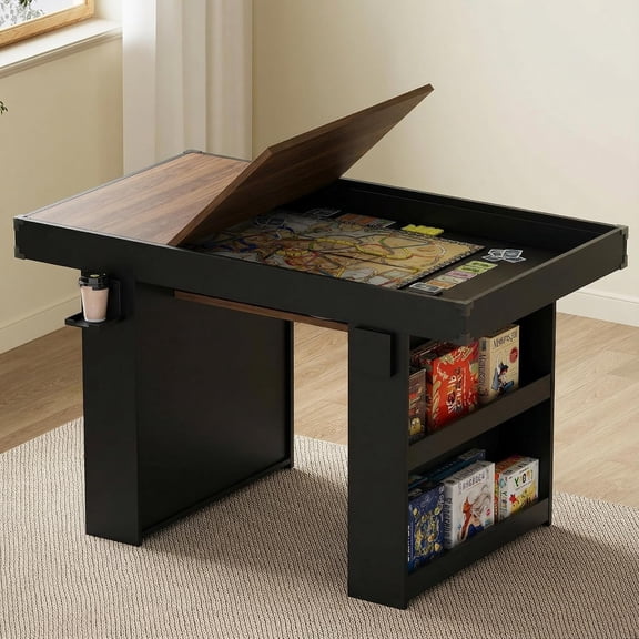 Game Table w/ Removable Top & PU Leather Mat, 2-in-1 Dining Table for 4-6 Players, Storage, Cup Holders, Corner Protectors, for Card, DND, Poker, Building Blocks (Brown+Black)
