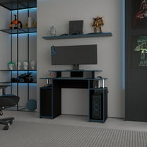 Game Tables Blue Accents Minimalist Gaming Desk with Elevated Monitor Shelf,Furniture For Game And Recreation