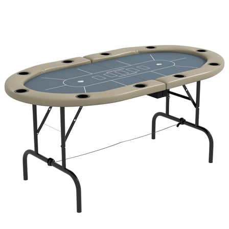 Game Tables Soozier Poker Table Foldable, 70" Oval Blackjack Casino Texas Holdem Poker Game Table for 10 Players with Cup Holders, Blue and Brown,Ping Pong Table