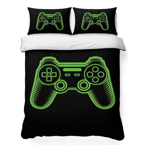 Game Theme 3 Piece Quilt Bedding Set with 2 Pillow Shams, Green Game Controller Lightweight Bedspread Coverlet, Soft Breathable All Season Quilt, 90 x 96 Inch