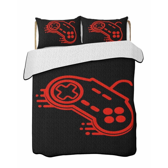 Game Theme 3 Pieces Quilt Set, 1 Quilt with 2 Shams, Red Game Controller Modern Lines Bedspread Soft Lightweight Bedding Coverlet Comforter Set for All Season 90"x96"