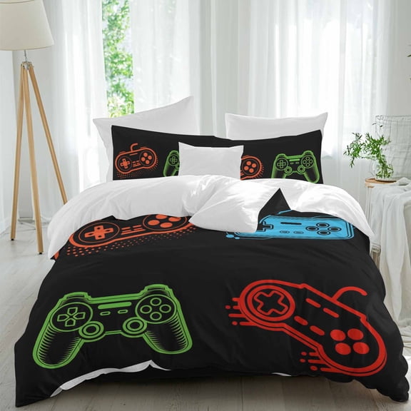 Game Theme 4 Piece Duvet Cover Set Queen Size Game Controller Soft Bedding Set Comforter Cover, 1 Duvet Cover 1 Flat Sheets and 2 Pillowcases