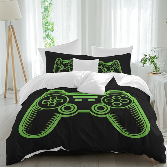 Game Theme 4 Piece Duvet Cover Set Queen Size Green Game Controller Soft Bedding Set Comforter Cover, 1 Duvet Cover 1 Flat Sheets and 2 Pillowcases