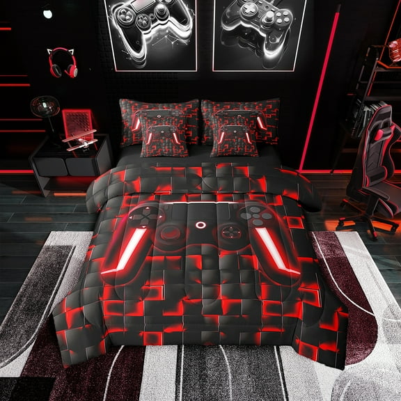 Game Theme 7-Piece Bed Set , Red Futuristic Cubes, Gamer Room Decor Bedding Twin, Reversible