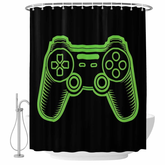 Game Theme Bathroom Shower Curtains with Hooks, Green Game Controller Waterproof Fabric Washable Shower Curtain for Home Hotel Bathtub Decor 36x72 Inch
