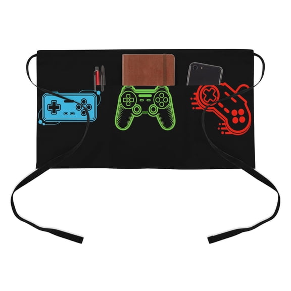 Game Theme Half Waist Apron Game Controller Short Waiter Aprons with 3 Pockets for Women Men Kitchen Restaurant Cooking