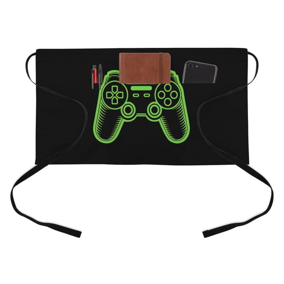 Game Theme Half Waist Apron Green Game Controller Short Waiter Aprons with 3 Pockets for Women Men Kitchen Restaurant Cooking