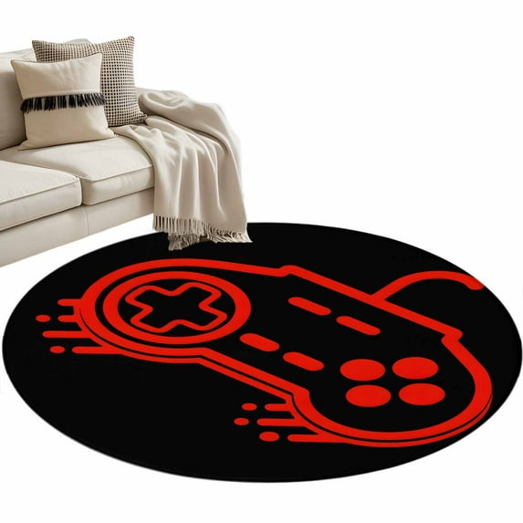 Game Theme Round Area Rug 3.3ft Red Game Controller Non-Slip Washable Circle Rugs Soft Felt Indoor Floor Mat for Bedroom Kitchen Living Room Bathroom