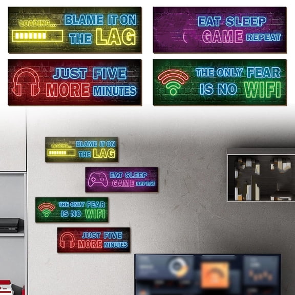 Game Themed Neon Style Frameless Poster Set 4 Piece Led Effect Wall Art Print For Entertainment Room Home Decor Display