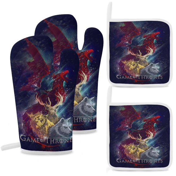 Game of Thrones Oven Mitts And Pot Holders Set 4 Pcs, Heat Resistant Oven Mitt Set with Potholders, Hot Pads And Oven Mitts Sets Oven Glove for Kitchen, Baking, Cooking, Grilling