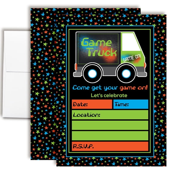 Game Truck Video Gamer Birthday Invitations for Kids, 20 Fill-In Cards with Envelopes, 5x7 Children's Party Invitations, Birthday Party Supplies, Made in USA by Amanda Creation