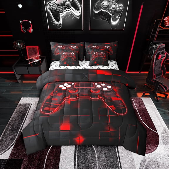 Game Twin Bedding Sets ,Gaming Bed in a Bag 7 Piece, Gamer Fitted Sheet Neon Lights Gamepad Comforter Set for Teen Men Bedroom,Geometry Grid Reversible Bed Set,Red Black
