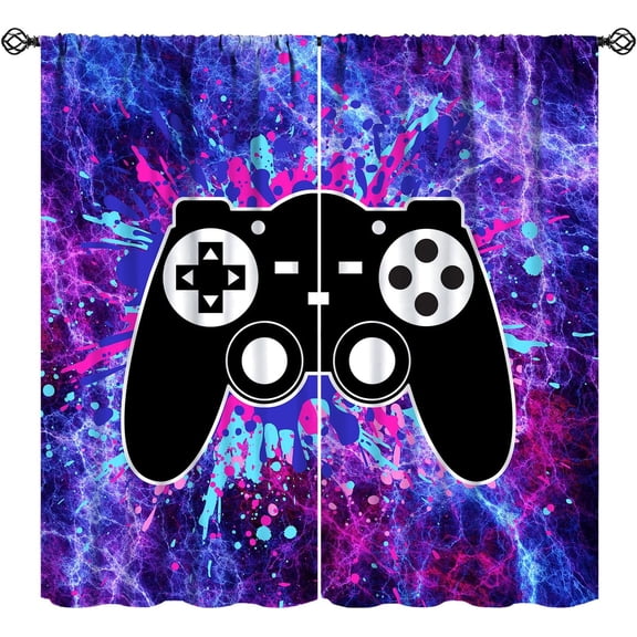 Game Video Games Curtains, Blue Purple Thunder Gamepad Pattern Blackout Window Drapes for Boys Teens Living Room Bedroom Playing Gaming Room Decor, 42x84in