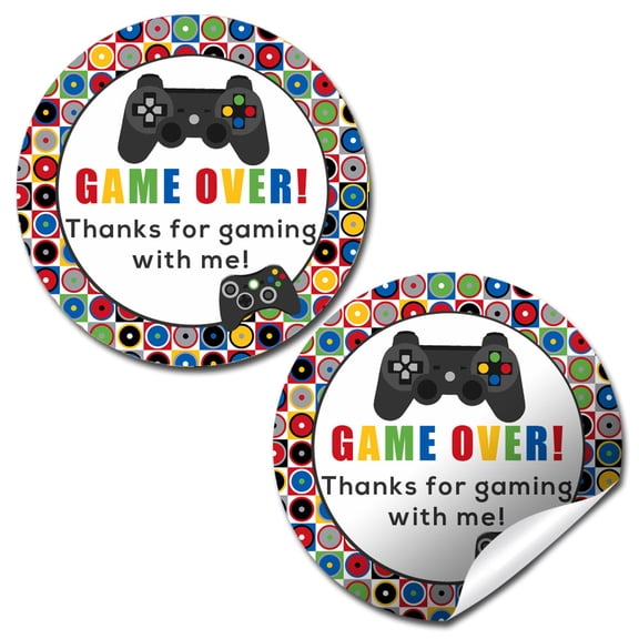 Game Over Video Gaming Birthday Party Stickers 40 Pack  2" Round Circle Labels  Party Favors, Goodie Bag Labels, Envelope Seals, Cupcake Toppers & Thank You Stickers by Amanda Creation