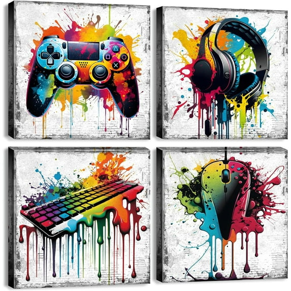 Game Wall Decor Gaming Art Graffiti Gamepad Headphones Canvas Pictures Gamer Room for Boys Street Pop Bedroom Dorm Playroom Cave Teen Men Cool Video Painting Modern Artwork 12x12'''' 4 Pcs