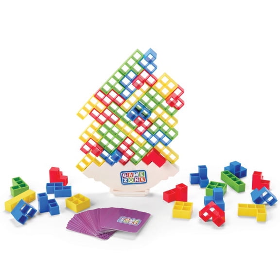 Game Zone Stack Attack! Stacking & Balancing Game for 14 Players Includes 48 Blocks, 22 Cards, and Wobbly Base Ages 6+