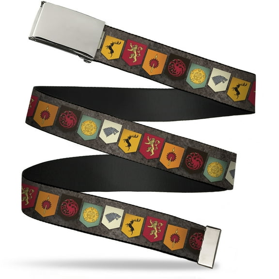 Adjustable Belt, Clamp Buckle, Cut-to-Fit, Game Of Thrones Six House Sigil Banners Grays