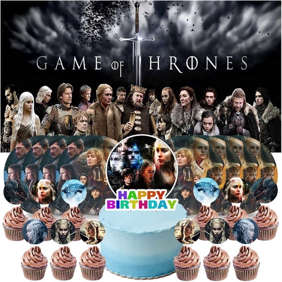 Game of Thrones Birthday Party Decor Set - 5x2.3ft Backdrop Banner, Paper Plates, Cake Toppers & Fan Decorations