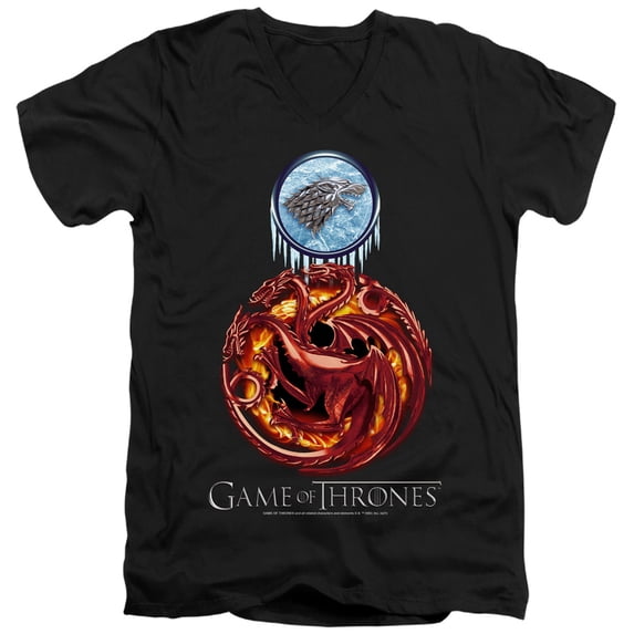 Game of Thrones Combined Targaryn and Stark Unisex Adult V-Neck T Shirt,Black, Large