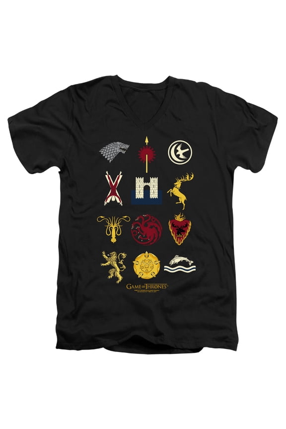 Game of Thrones House Sigils Unisex Adult V-Neck T Shirt,Black, Large