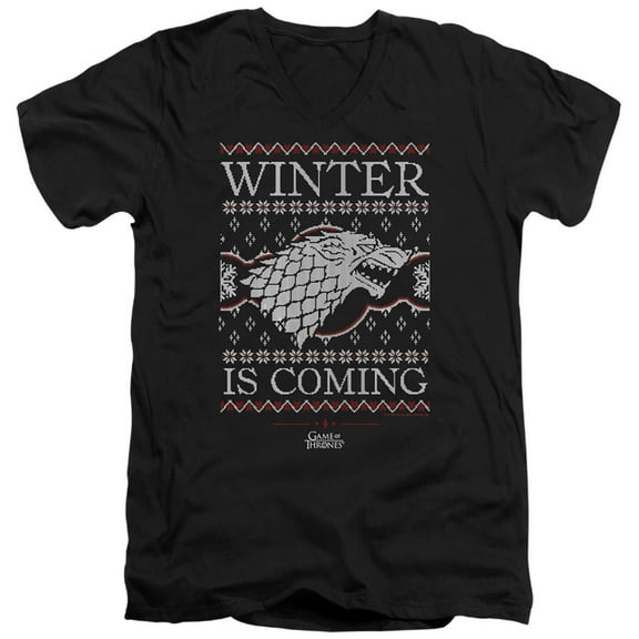 Game of Thrones Winter is Coming Ugly Christmas Unisex Adult V-Neck T Shirt,Black, Small