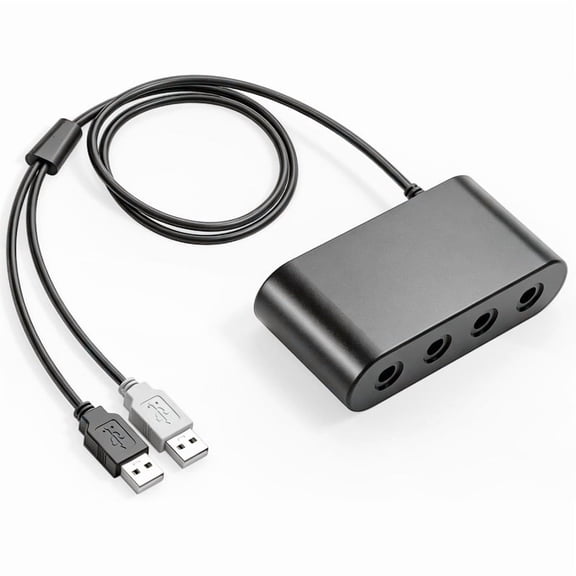GameCube controller adapter/converter compatible with Wii U, PC (Windows), and Switch/OLED/Switch 2; supports connecting four GameCube controllers for *Super Smash Bros.* and features a 3.3-foot (app