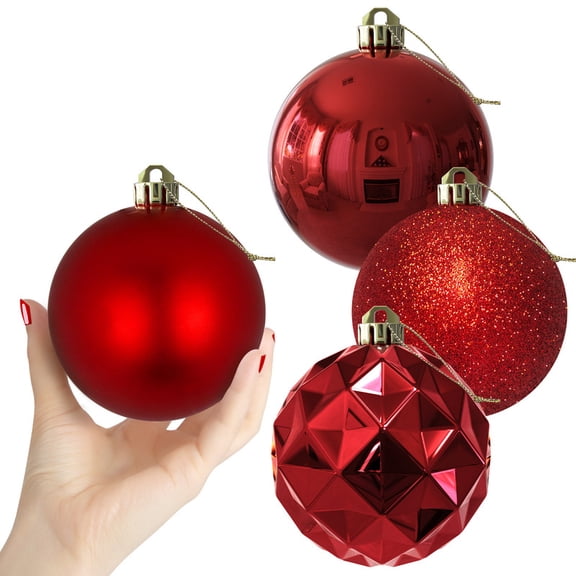 GameXcel 4 in Christmas Ball Ornaments, 4 Pack Random Assorted Hanging Decorations for Tree, Wreath and Party Decor, Red
