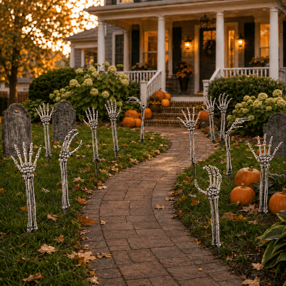 GameXcel 12 Pack Skeleton Hands Halloween Yard Decorations, 18 in Posable Skeleton Arms with Ground Stakes, Outdoor Graveyard Lawn Decor