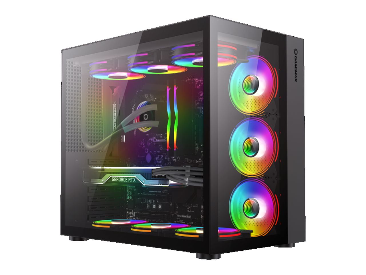 Gamemax Revolt Black USB3.0 Tempered Glass ATX Mid Tower Gaming Computer  Case w/Tempered Glass Panel and 4 x ARGB Dual Ring LED Fan (Pre-Installed)  