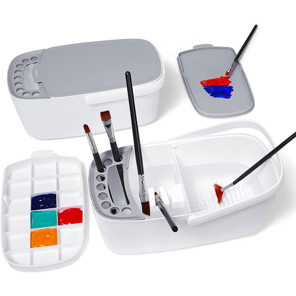 Multi Use Paint Brush Basin With Brushes Holder Washer Trays Box Artist Cleaner Cup For Watercolor Oil Acrylic Gouache Painting With Lid