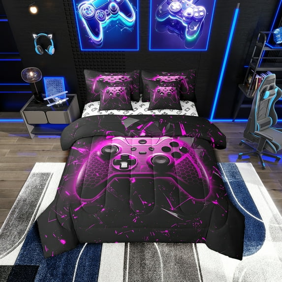 Gamepad 7Pcs Comforter Set King Size,Geometric Honeycomb Bedding Set,Video Games Fitted Flat Sheet Teens Men Bedroom Decor,Modern Black Rose Gaming Reversible 2 Throw Pillow,2 Pillowcases