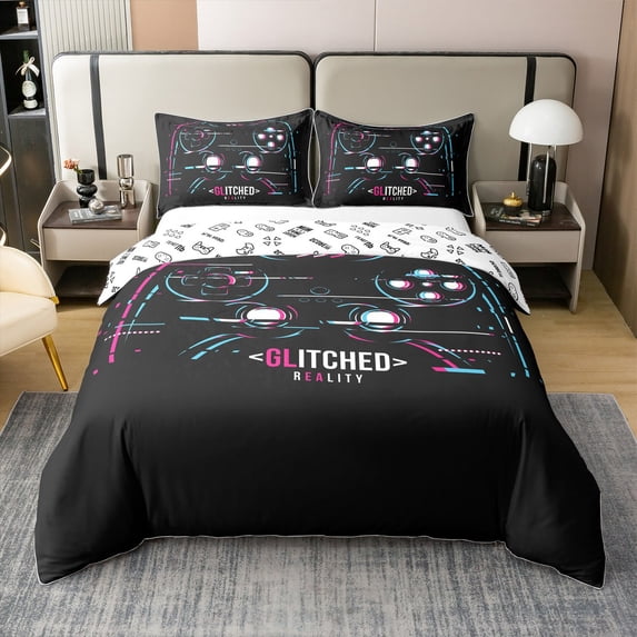 Gamepad Bedding Set Queen Modern Gamer Comforter Cover Video Game Duvet Cover Colorful Action Buttons Printed Quilt Cover Soft Microfiber Bedspread Bedroom,Black