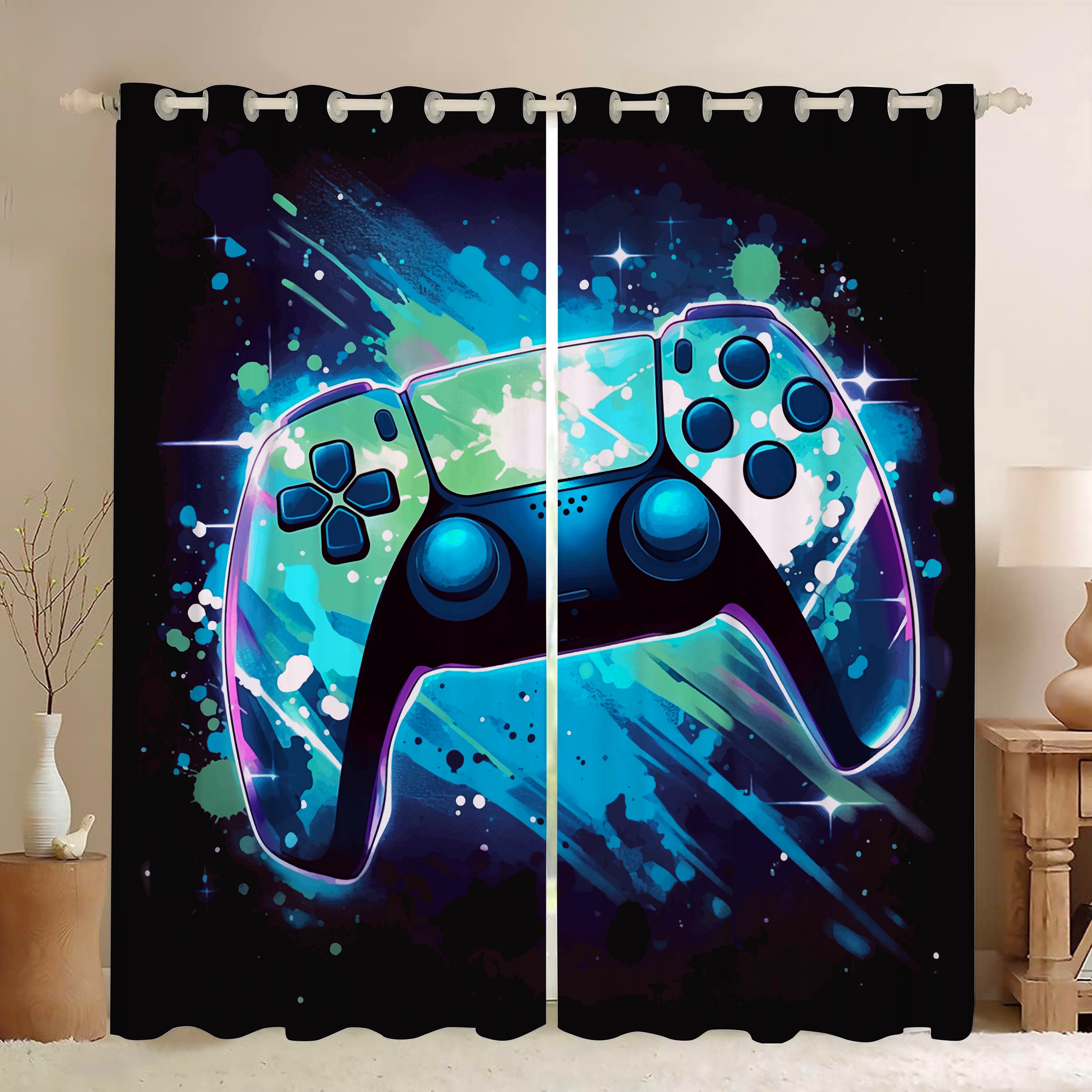 Psoiuetr Gamepad Blackout Curtains Teens Boys Kids Gaming Video Game Room Bedroom Living Room Decor Darkening Window Treatments Drapes Grommet Blue 2 Panel 52" W x 84" L