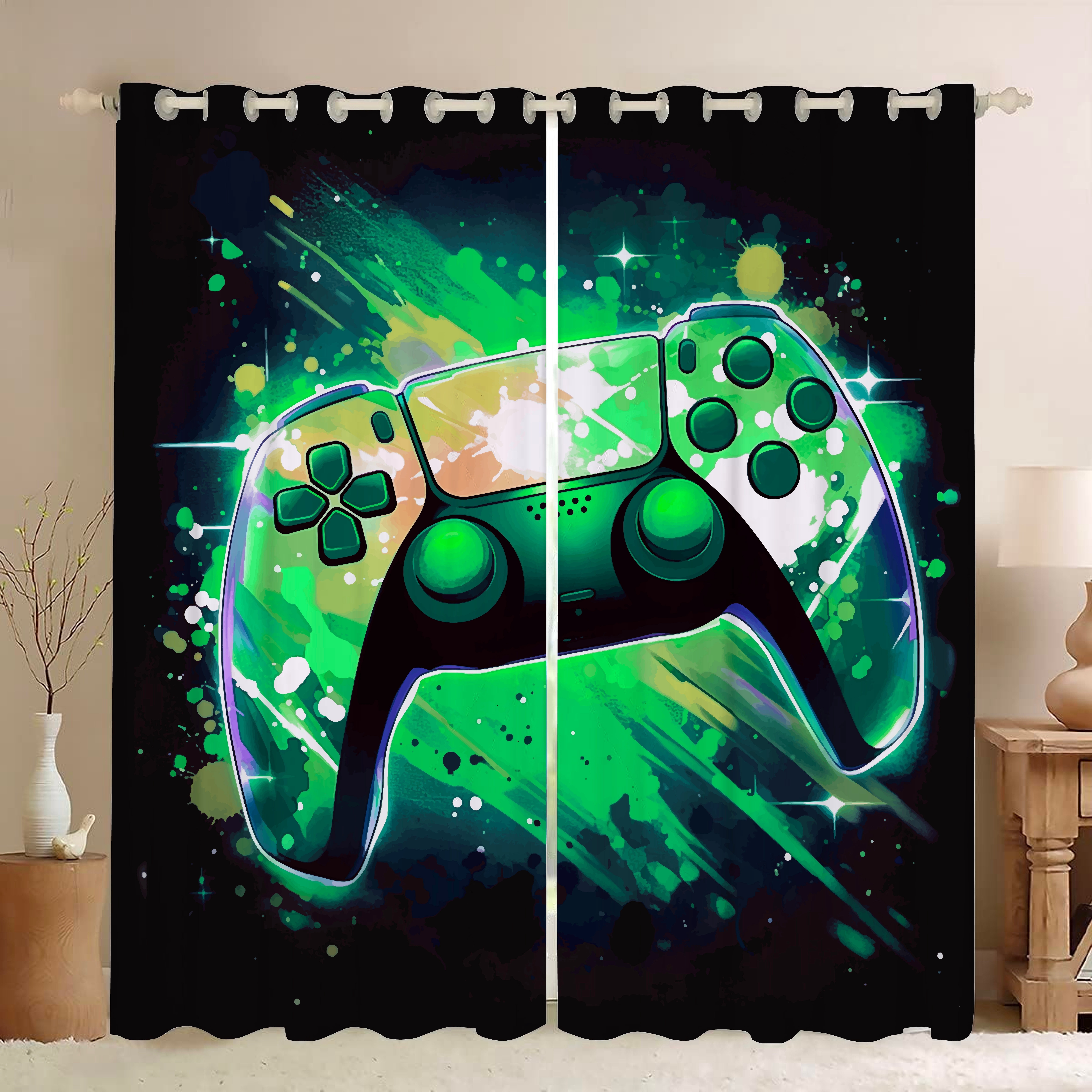Psoiuetr Gamepad Blackout Curtains Teens Boys Kids Gaming Video Game Room Bedroom Living Room Decor Darkening Window Treatments Drapes Grommet Green 2 Panel 52" W x 63" L