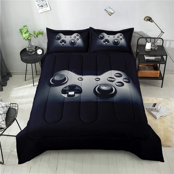 Gamepad Comforter Set Kids Boys Gamer Bedding Set Video Game Gamepad Comforter for Teens Children Modern Game Controller Console Geometry Duvet Set Blue Black Bedroom Room Decor Quilt Set Queen Size