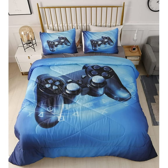 Botoutin 2-Piece Blue Black Gamepad Geometry Duvet Bedding Sets, Twin